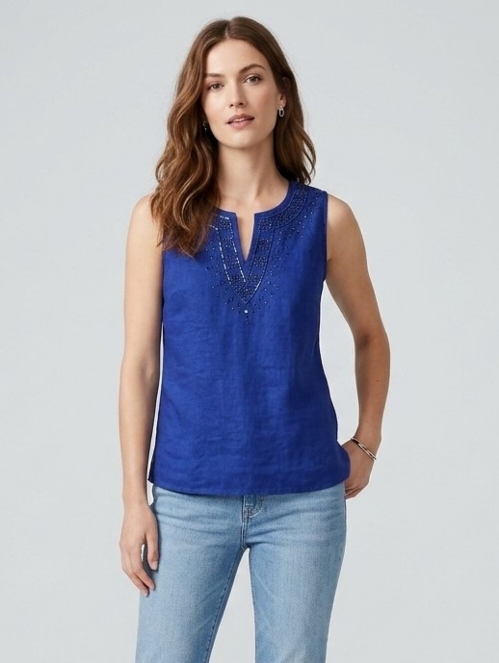 Choices 100% Linen Top Blue Beaded Sleeveless V-Neck Tank Blouse Size Small
